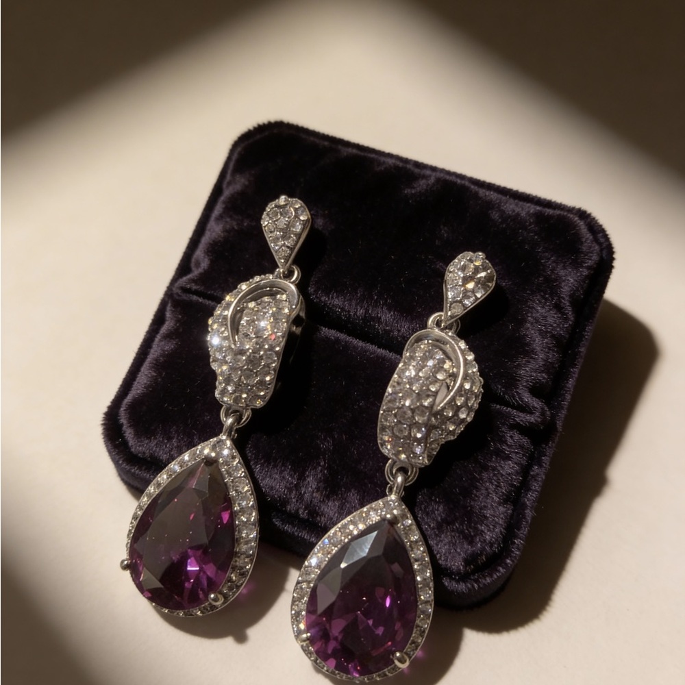 White Gold Amethyst & Diamond Halo Drop Earrings